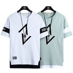 Summer New Fake Two-piece Printed Short-sleeved T-shirt Men Crew Neck Casual