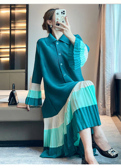 Color Stitching Turnover Neck Loose Dress Temperament Long Dress