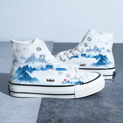 Chinese Style Canvas Shoes Retro Landscape Painting Lotus Pond Bamboo Forest Student High-top Board Shoe